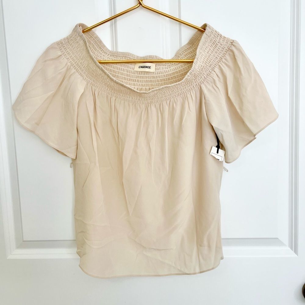l’agence silk off shoulder ruffle cream tan ruched blouse top